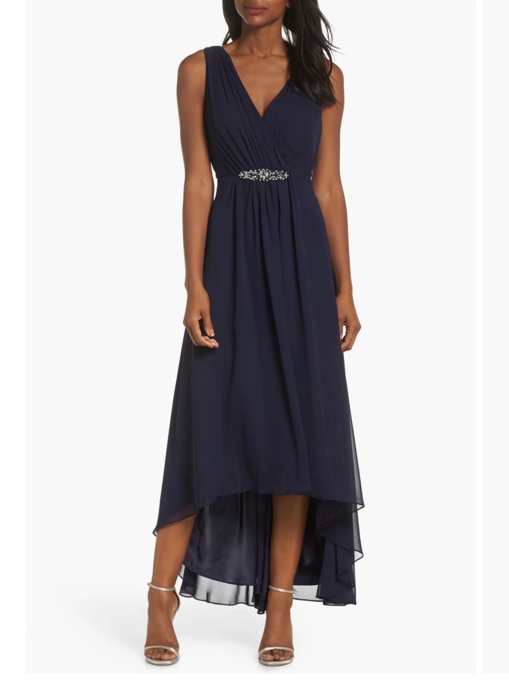 NWT Eliza J Embellished High/Low Chiffon Dress in Navy Sz 14 $188 Ethereal Flowy